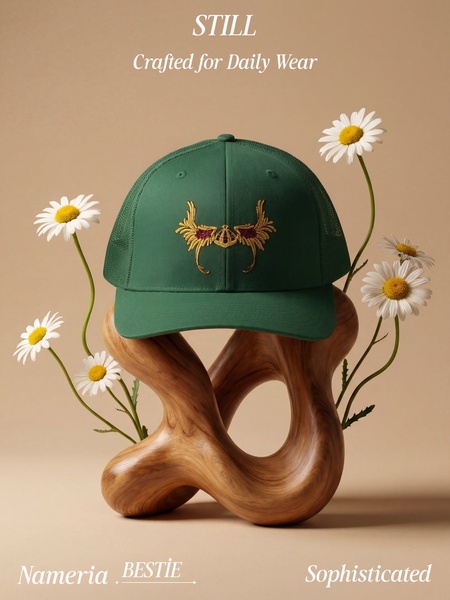baseball cap, trucker hat, snapback, embroidered hat, mesh cap, adjustable cap, sports cap, brand awareness, product launch, editorial, minimalist, luxurious, calm, green, brown, neutral
